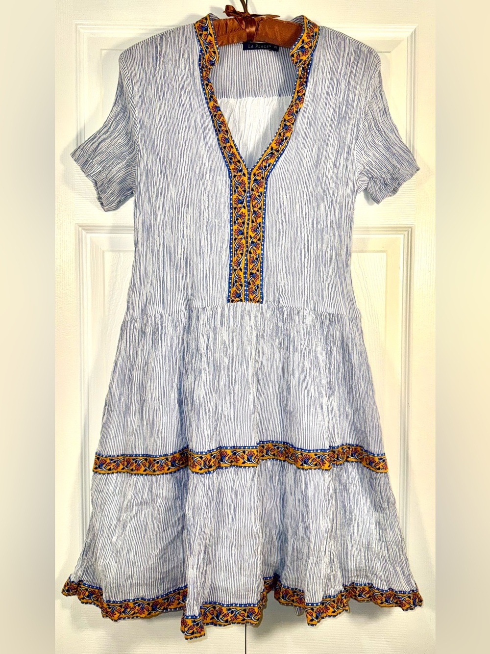 La Plage Blue & White Stripe Cotton Gauze Tiered Dress XL (fits S-M best)